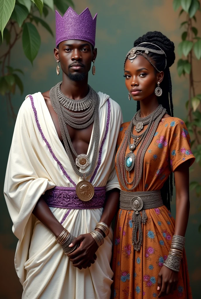 
African man dressed in a white tunic and purple sparkles with African necklaces and a purple crown with silver bracelets accompanied by an African woman in a brown dress with colors and braided hair with copper necklaces and bracelets 