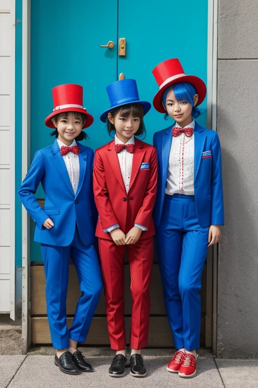 Three 　clown　Rubber suit　hair color: blue(1.1)　Circus hut　Japanese　Red and blue suit　Two-pronged hat