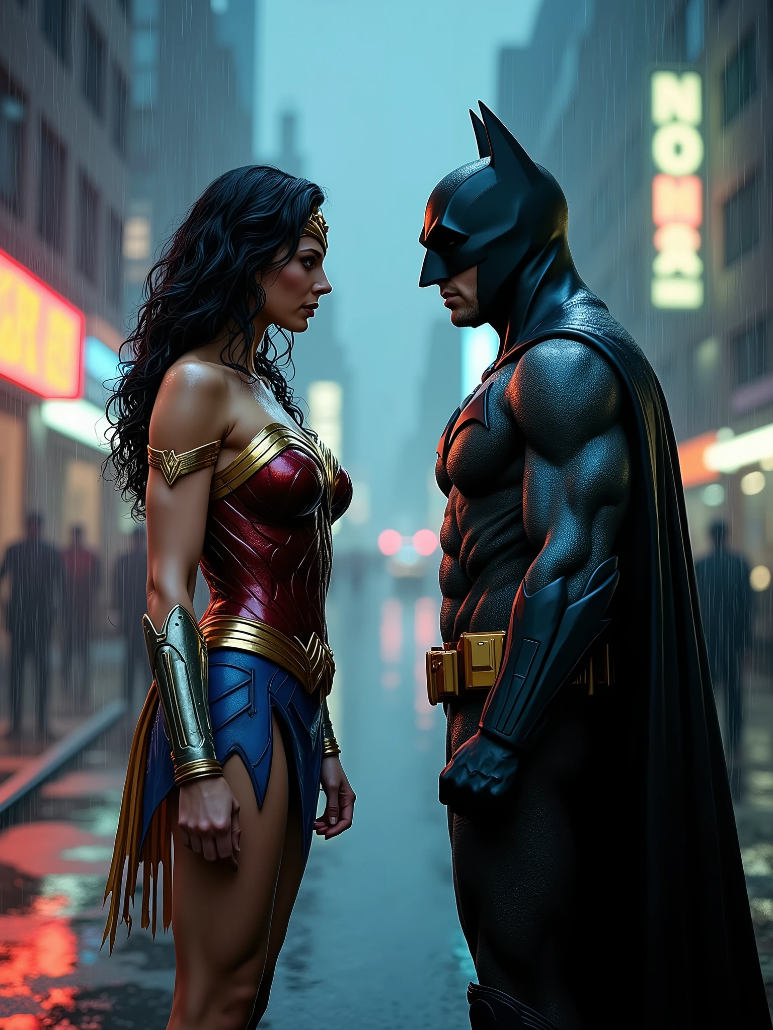 a cinematic full body shot of Wonder woman in a red and blue superhero suit, a Batman in a dark superhero suit, an epic fight in a rainy Gotham City at night, raindrops and puddles, high-detailed hero outfits, wet hair and skin, 4k, cinematic scene, 16:9 aspect ratio, hyper-realistic, masterpiece, cinematic lighting, dramatic action, dramatic pose, dramatic expression, dramatic weather, dramatic environment, dramatic storytelling, dramatic effects, neon city lights, heavy rain, dark and moody color palette, volumetric lighting, intricate details, photorealistic, impactful visual storytelling