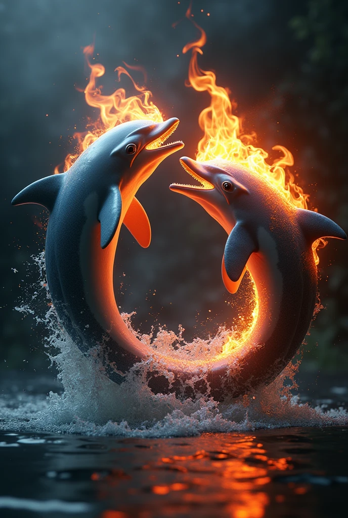 Dolphins making a yin yang, with fire in their mouths, 3D