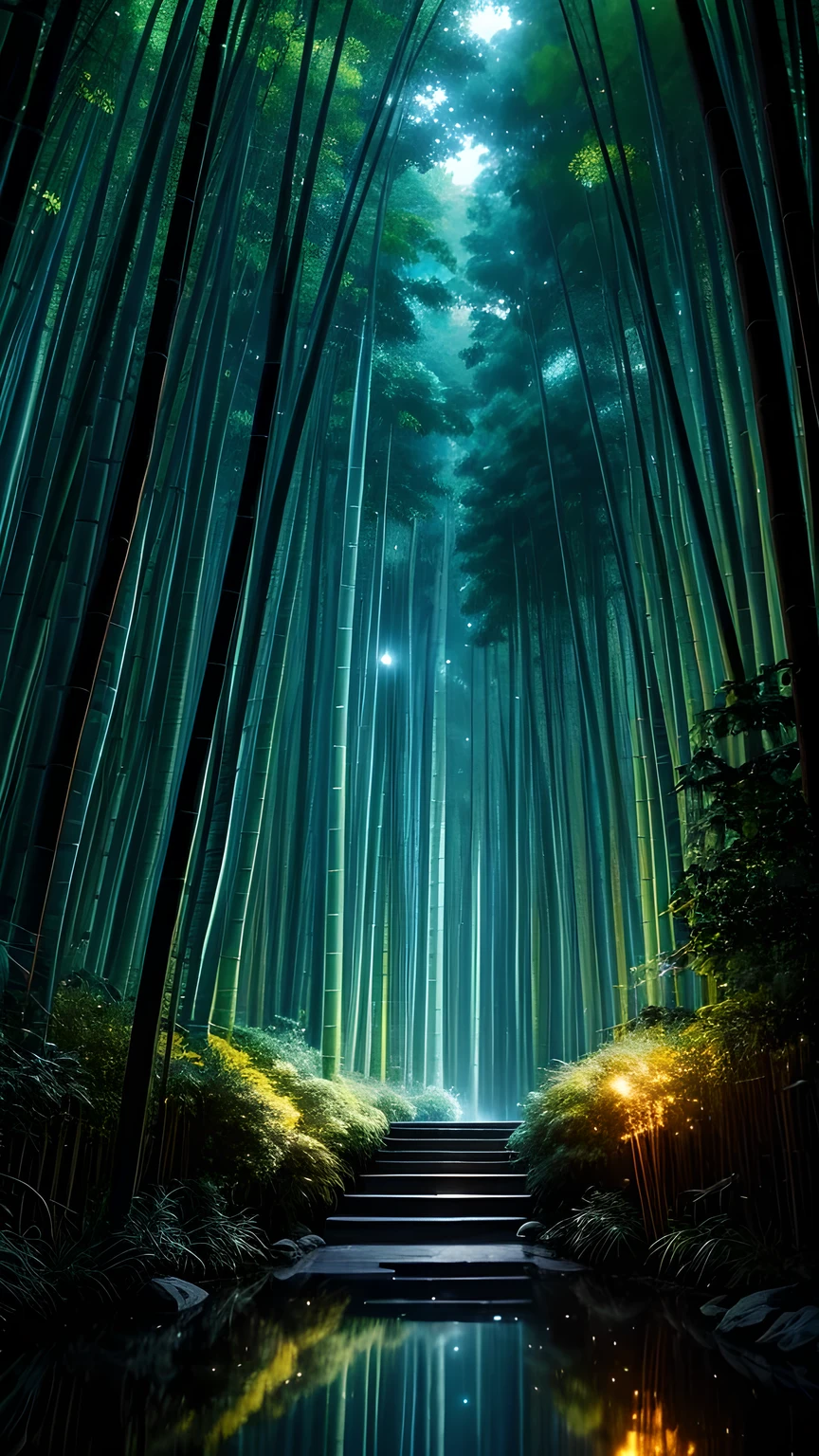 Bamboo forest in the dark night, Delicate and sharp, film production, Soft interior lighting, Many small fireflies flying, Holographic Flash, Vibrant colors, Fantastic rainbow reflection, Metallic luster, The balance between pitch-black darkness and shiny particles, Sharp and delicate, Watercolor style CG, High contrast, Perfectly tuned Octane rendering, Dramatic chiaroscuro, Antiretroviral therapy, Extreme aesthetics,