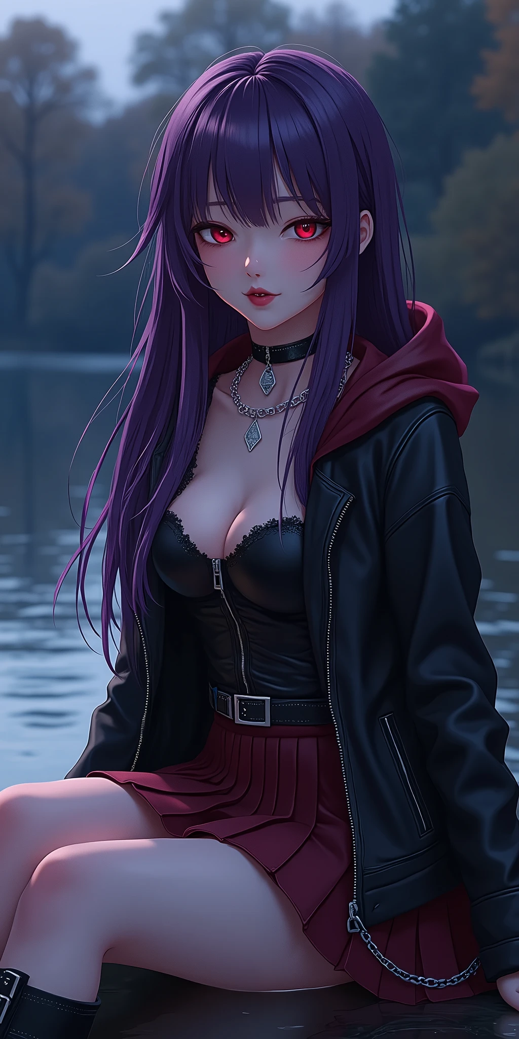 (best quality, ultra-detailed, photorealistic: 1.39), bright and vibrant colors, studio lighting, romantic expression, An effeminate girl, with a delicate and beautiful face. Beautiful and adult woman with her straight loose purple hair matches the gothic makeup, her dark red eyes and mischievous smile, with her large seductive breasts, cleavage, dark style, hood, leather jacket, pleated skirt with belt, dark makeup. She have a horny face, like a manwha character, chain details, in the park at night, Sitting by the lake, water reaches her black boots, seductive cleavage, manga style, anime features manga style, fully body , she is in love, like a manwha character style