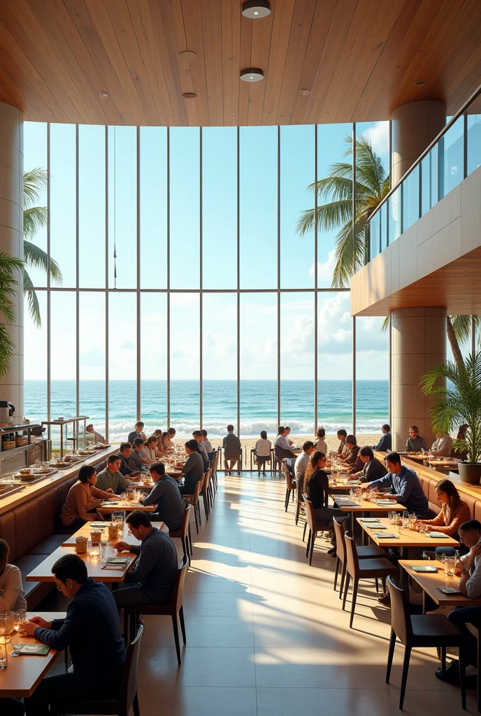 Cafeteria, big and modern, with a view of the beach