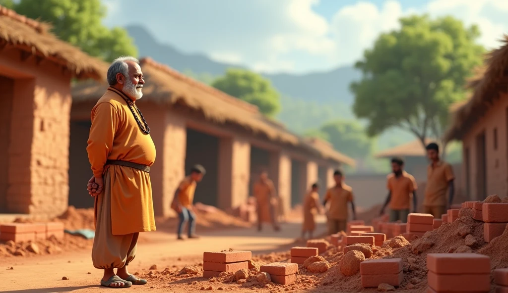 In 3d animation style:*Ramesh overseeing the construction of a new school in the village**, with workers laying bricks and children eagerly watching.