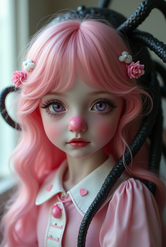 a girl from( cartoon style), pastel pink skin, Strong pink hair wavy and straight, pastel pink round clown nose, little pink hearts on cheeks, Behind the hair is a black parasite with tentacles tangled in her hair.,purple slanted eyes with dark circles , thick red lips, , long eyelashes, vintage style nurse clothing , Soft lighting, fancy, intricate details, high quality, 8k, photorealistic, masterpiece