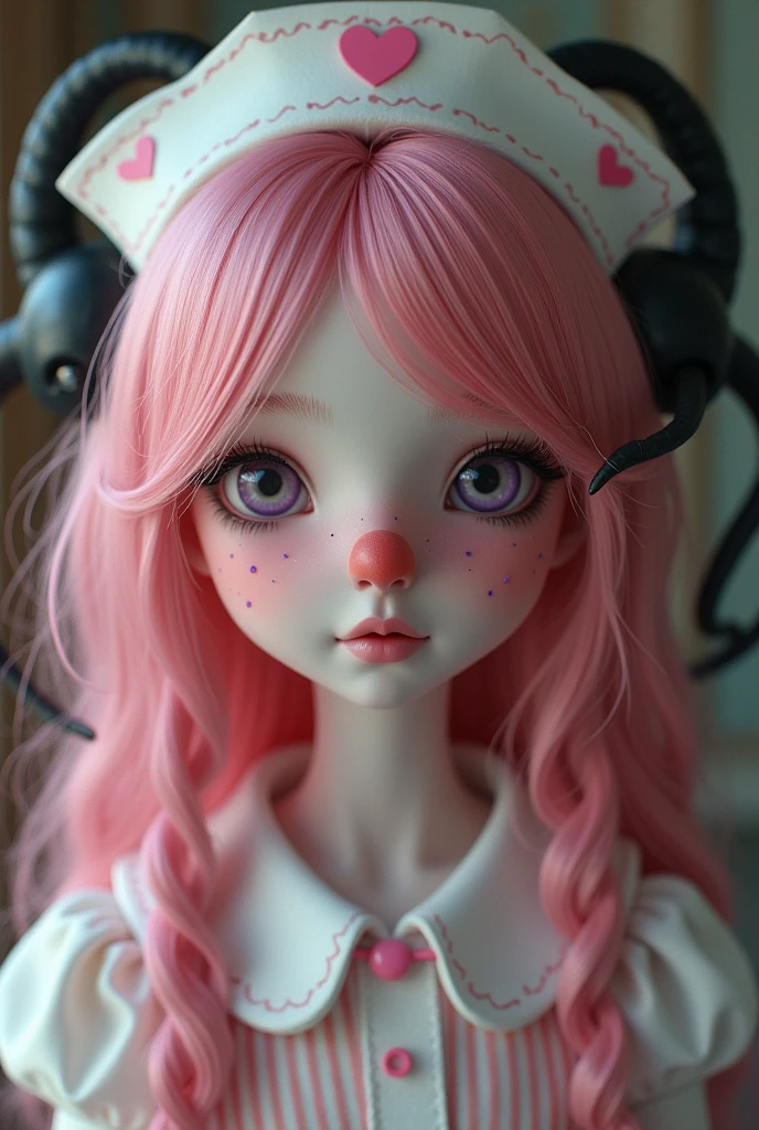 a girl from( cartoon style), pastel pink skin, Strong pink hair wavy and straight, pastel pink round clown nose, little pink hearts on cheeks, Behind the hair is a black parasite with tentacles tangled in her hair.,purple slanted eyes with dark circles , thick red lips, , long eyelashes, vintage style nurse clothing , Soft lighting, fancy, intricate details, high quality, 8k, photorealistic, masterpiece