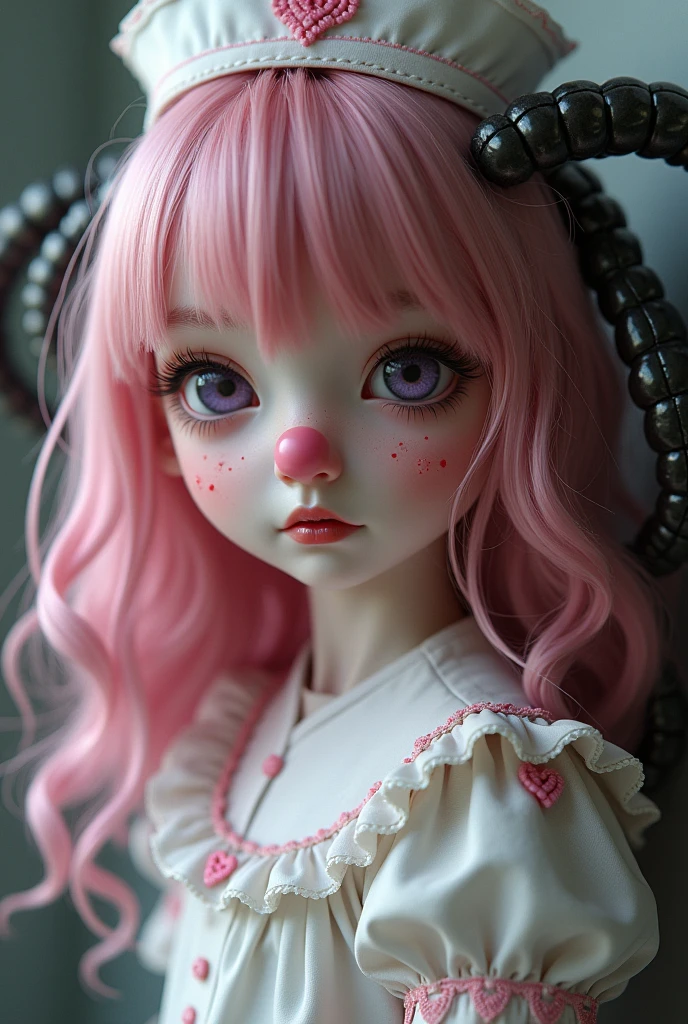 a girl from( cartoon style), pastel pink skin, Strong pink hair wavy and straight, pastel pink round clown nose, little pink hearts on cheeks, Behind the hair is a black parasite with tentacles tangled in her hair.,purple slanted eyes with dark circles , thick red lips, , long eyelashes, vintage style nurse clothing , Soft lighting,  fancy, intricate details, high quality, 8k, photorealistic, masterpiece