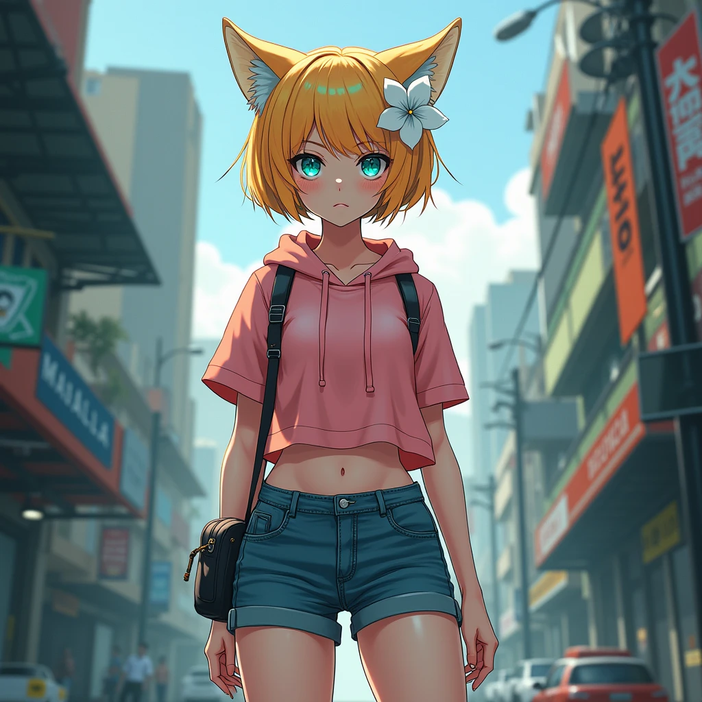 Blonde、Blonde Hair、Very Short Hair、Cat ears of the same color as the hair、Plain pink short sleeve hoodie、Short denim shorts、Belly button、sneakers、Turquoise Eyes、Flat Chest、Big white flower hair ornament、Design the cover for a dark fantasy psychological drama light novel set in Rio de Janeiro in 2050,