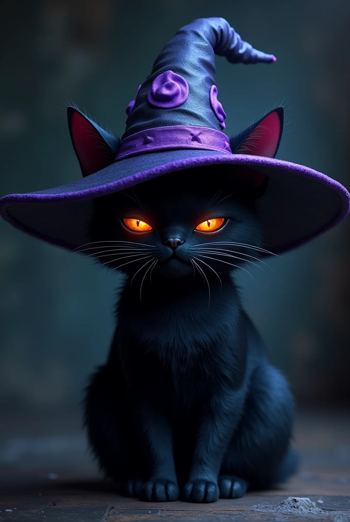 An all black cat, orange eyes, dark but eye-catching. The cat has its eyes half closed, as if he were tired, but his pupils shine in the darkness. He wears a very large wizard hat. The hat looks like a witch's, has purple details and emanates a faint glow