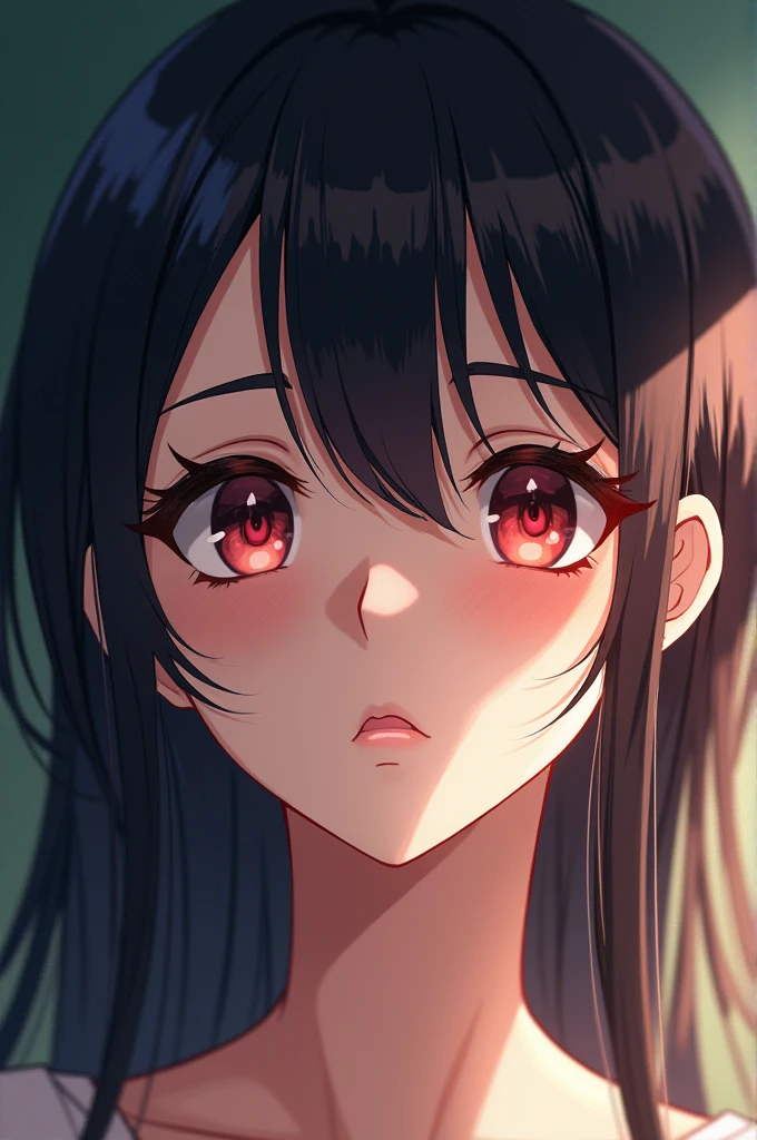 black haired girl, thin face, dark eyes, thin lips, pretty nose and eyelashes, black clover anime style