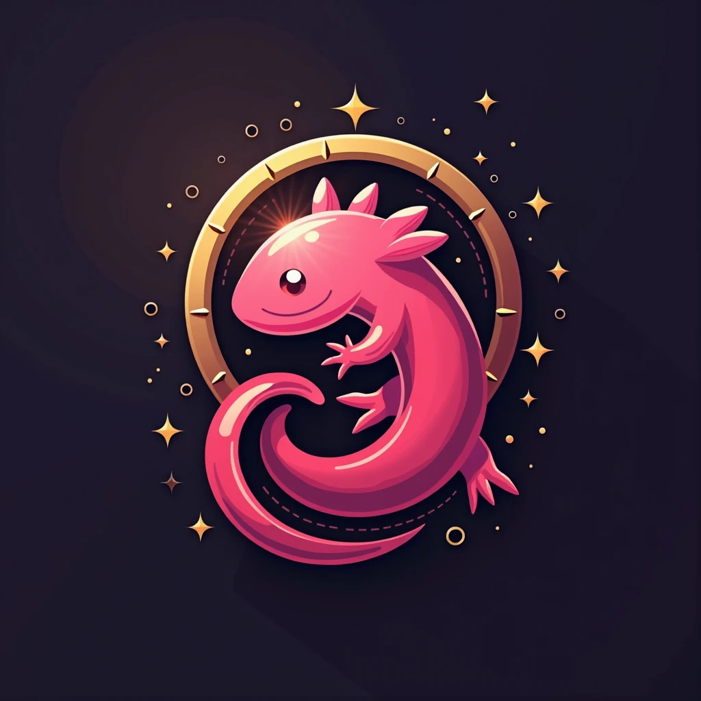 A minimalist logo design featuring a stylized pink axolotl as the symbol of Pejecoin, clean lines with a modern, tech-inspired aesthetic, the axolotl’s body forming a coin shape with subtle crypto-themed details, rendered in a bold and contrasting color scheme with shades of pink and gold