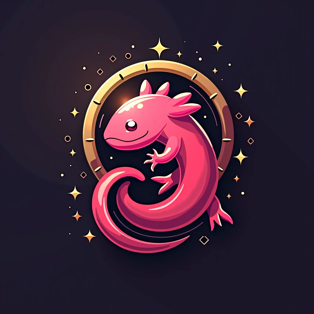 A minimalist logo design featuring a stylized pink axolotl as the symbol of Pejecoin, clean lines with a modern, tech-inspired aesthetic, the axolotl’s body forming a coin shape with subtle crypto-themed details, rendered in a bold and contrasting color scheme with shades of pink and gold