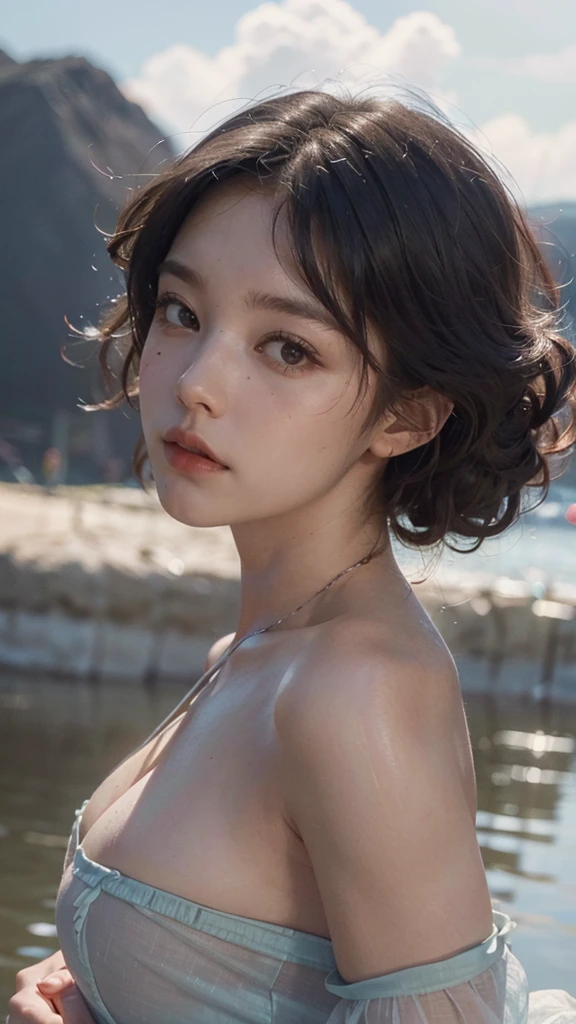 bloom, lens reflection, (8k, RAW, professional, best quality, masterpiece: 1.2), (realistic, photorealistic: 1.37), ultra-detailed, (wide-angle 25mm portrait), (most detailed skin: 1.2), very detailed face, cinematic lighting, 1girl, curly black hair, (windy), dark light, looking at the camera, large breasts,