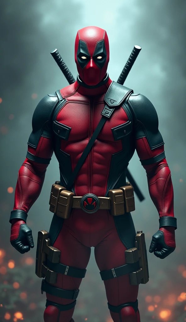 deadpool, detailed illustration, cinematic, coming out of a thick fog, facing the camera, highly detailed, hyper-realistic, 8k, masterpiece, professional, vivid colors, dramatic lighting, comic book style, intense expression, powerful pose, muscular body, wearing red and black costume, swords on back, gritty, moody, atmospheric with wonder woman 