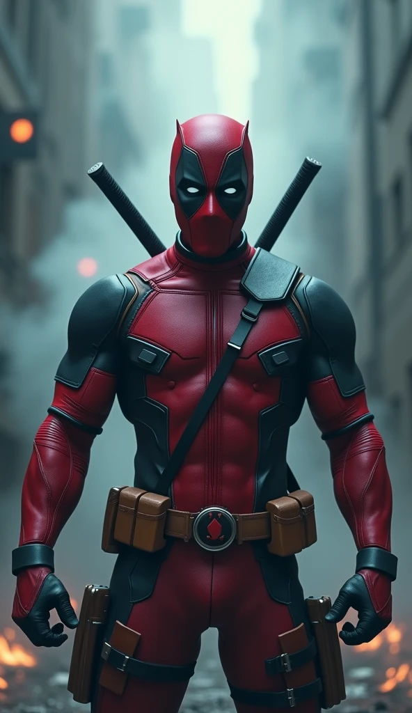 deadpool, detailed illustration, cinematic, coming out of a thick fog, facing the camera, highly detailed, hyper-realistic, 8k, masterpiece, professional, vivid colors, dramatic lighting, comic book style, intense expression, powerful pose, muscular body, wearing red and black costume, swords on back, gritty, moody, atmospheric with wonder woman
