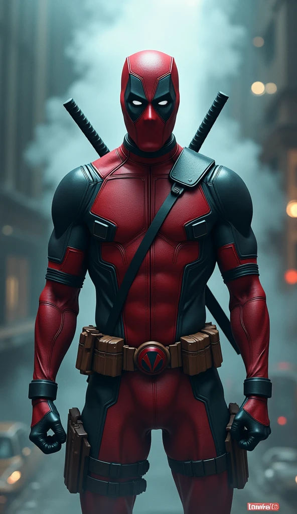 deadpool, detailed illustration, cinematic, coming out of a thick fog, facing the camera, highly detailed, hyper-realistic, 8k, masterpiece, professional, vivid colors, dramatic lighting, comic book style, intense expression, powerful pose, muscular body, wearing red and black costume, swords on back, gritty, moody, atmospheric with wonder woman 