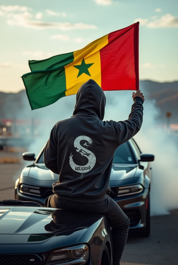 Je veux créer l'image d'un gars qui est assis le rebord gauche arrière de la portière d'une Dodge charger srt qui est entrain de faire un drift. Le gars en question tient le drapeau du Sénégal et porte un pull à capuche. Il porte le capuchon du pull,son visage n'est pas bien visible et derrière son pull est inscrit le logo de Hellcat. Le logo Hellcat est le logo du chat enragé blanc qui est mis sur les dodges srt.