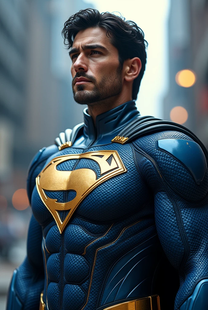 Blue and gold superhero costume with u-chest