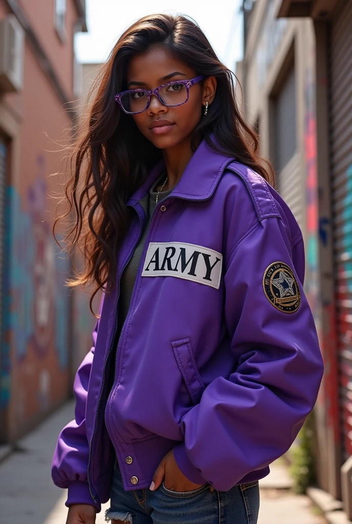 Dark skinned teenager with long brown hair and glasses wearing a purple jacket that says ARMY 