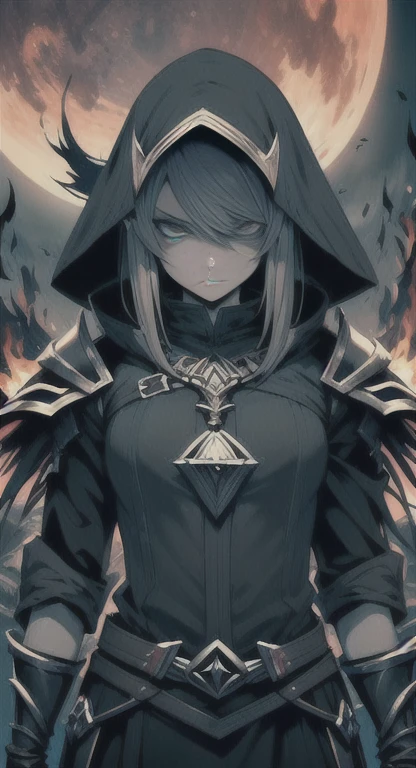 Masterpiece, best quality, mythical, Alluring Hylian, Black flame mage, bloodmoon, Hyrule, legendary Triforce, armor, looking at viewer pissed, judgemental glare, dark fire,
