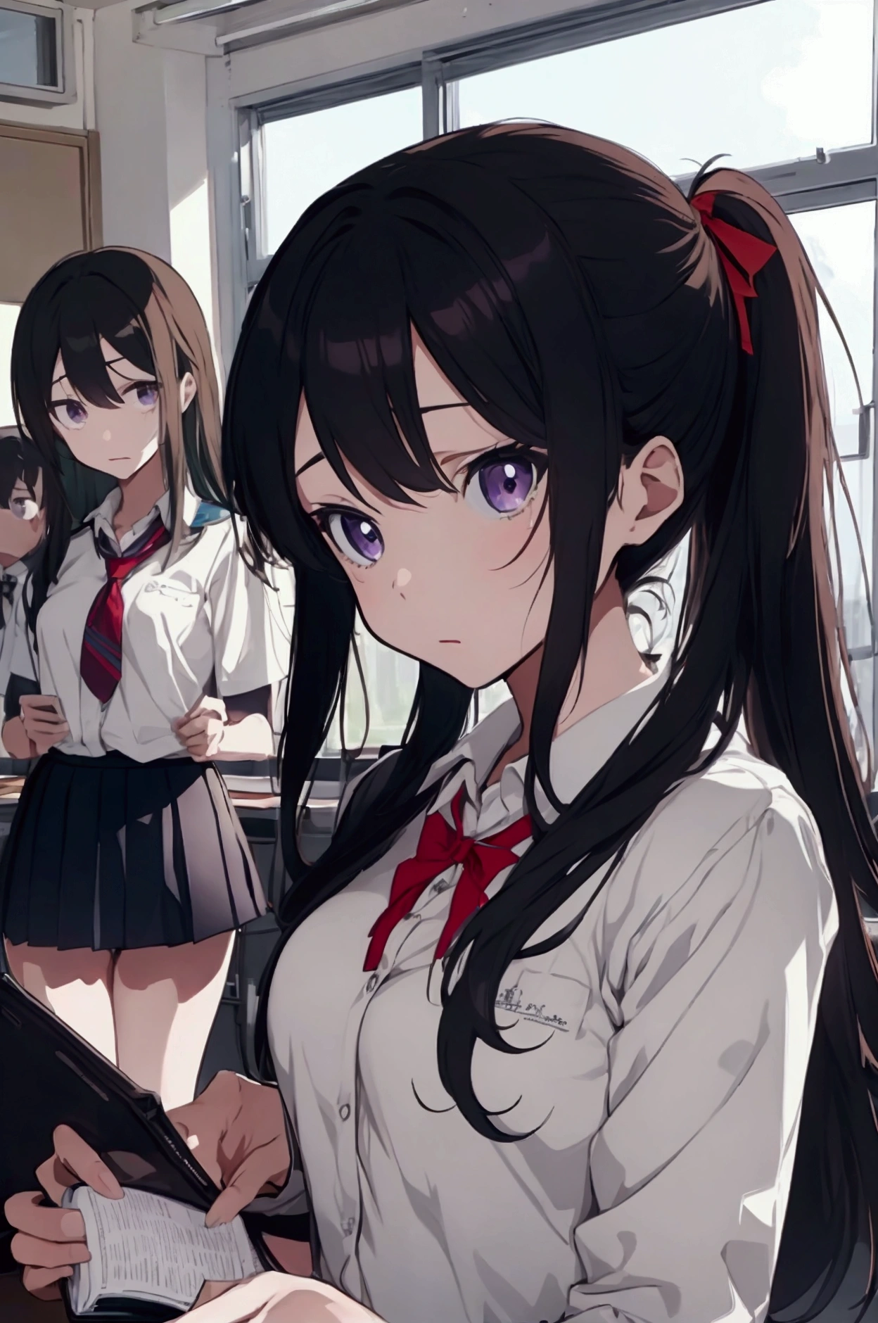 "A group scene featuring four characters in a classroom setting. The first character is a beautiful girl with short black hair, dark blue eyes, and an average slender student body. She wears a red ribbon on the side of her hair and a school uniform. Next to her is a tall boy with brown hair and black eyes, also in a school uniform, who looks frightened. The third character is another girl with long, slightly violet hair, wearing a school uniform, and holding a smartphone while reading a scary story to the group with a worried expression on her face. The final character is a girl with green hair, also in a school uniform, hugging the frightened boy tightly with a fearful expression. The scene takes place in a classroom, with dim lighting that adds to the eerie atmosphere."