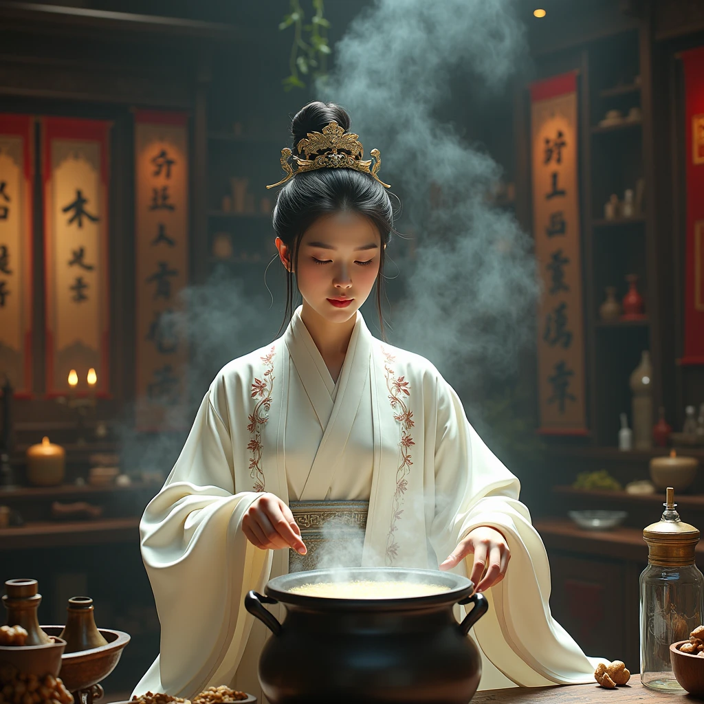 A young woman dressed in white is cooking in a pot., Photo by Zhang Han, cgsociety contest winners, fantasy art, Chinese woman, She is in the potion workshop., Chinese girl, cinema. By Lengjun, palace , a girl in Hanfu, Hanfu, Still from a fantasy movie, white Hanfu, Wuxia, Traditional Chinese ,The young man sat and watched.
