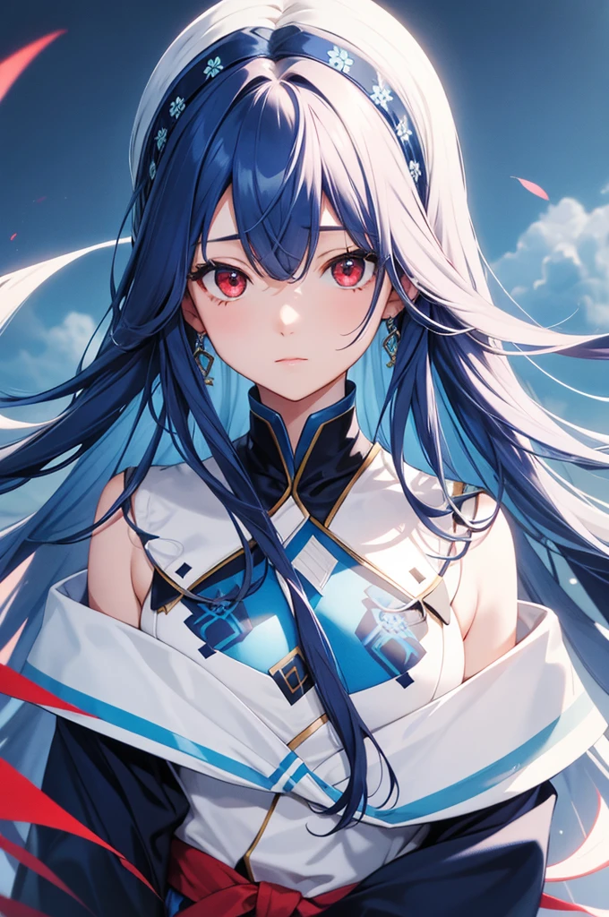 Blue colored long hair、Center parted bangs、Red eyes