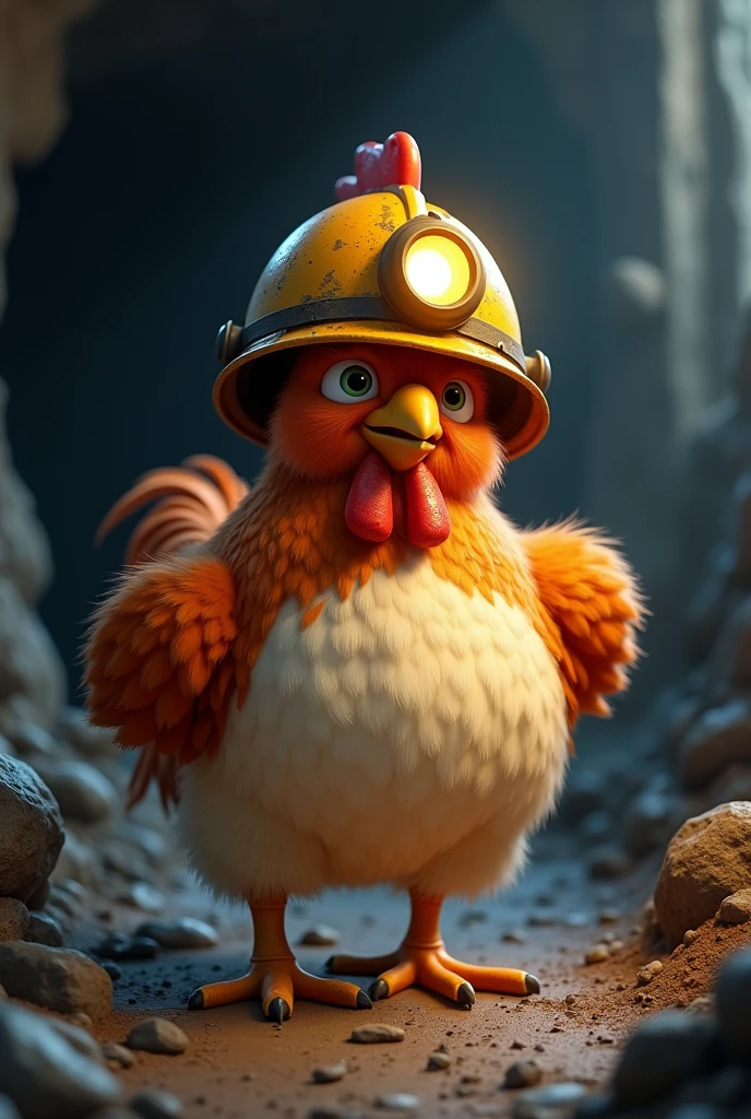 Generates an image of an animated chicken wearing a miner's helmet