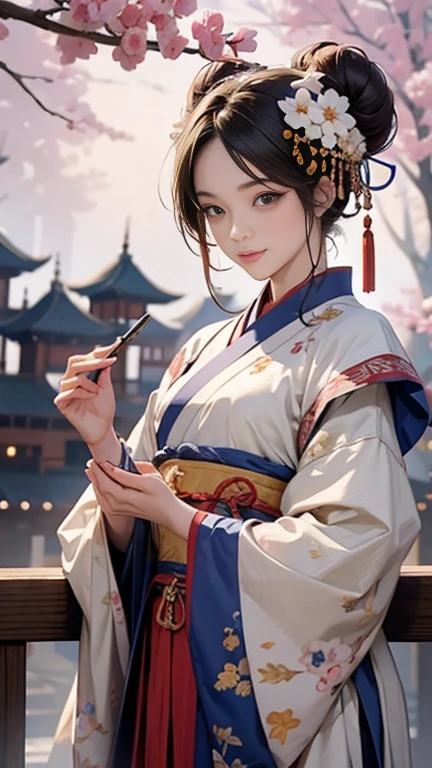 ( High resolution、 Very detailed)、masterpiece、Highest quality、High resolution、8k、Detailed Anime、Tang Dynasty Buildings、Tang Dynasty China、Tang Dynasty China、Young and beautiful woman、Beautiful Face、Beautiful Face、Pretty lips、Hanfu、(whole body)、Light colored round bun、Smiling Eyes、walk、Cowboy Shot、background、Tang Dynasty Buildings、The Chinese city of Chang&#39;an during the Tang Dynasty、Plum blossom、river view、Riverside city lights、Lantern Light、Detailed CG、