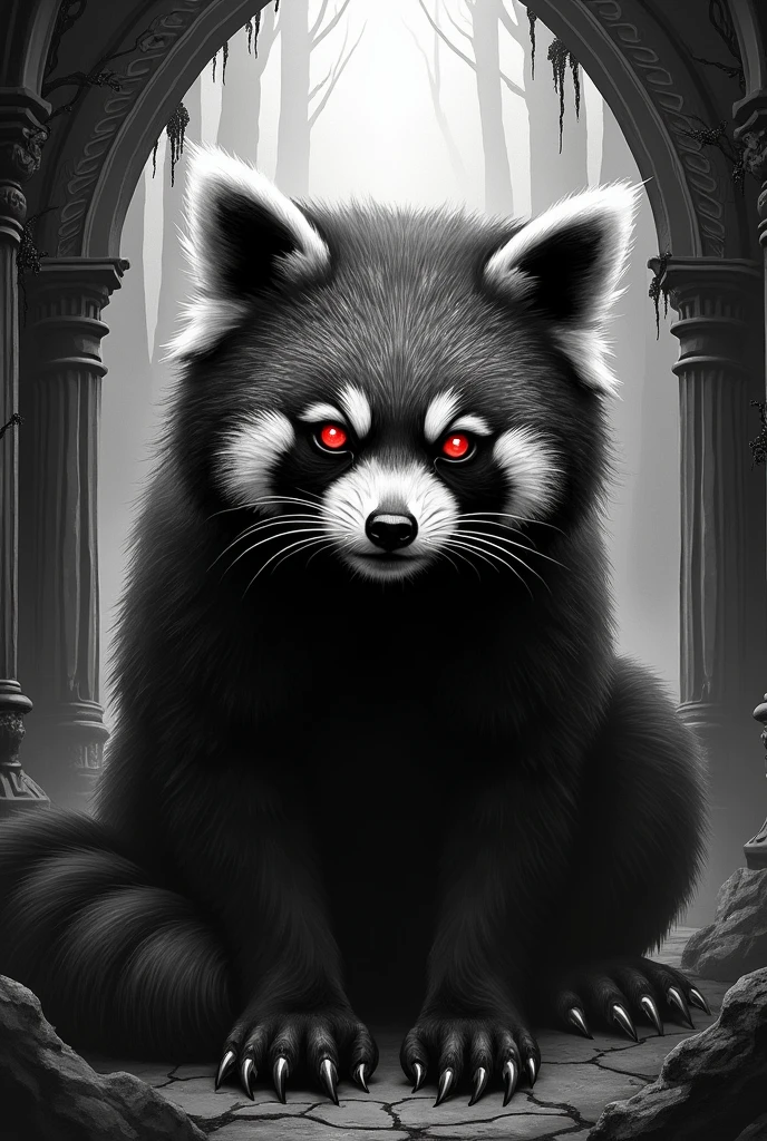 Create a black and white illustration, of an occult red panda, in the Gothic style with elements of horror and fantasy  