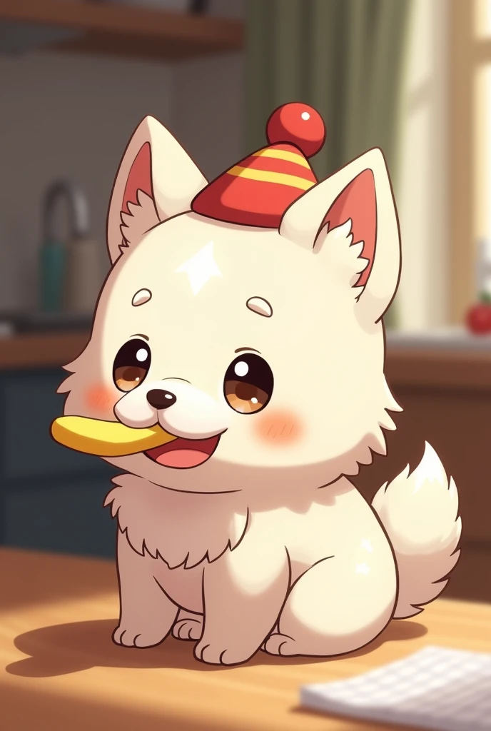 White anime dog with hat eating fries on mouth