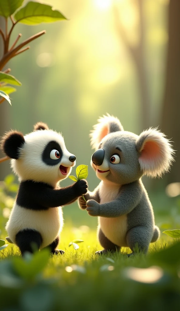 Cartoon anime 3D characters of The panda is reaching up to try a eucalyptus leaf, while the koala watches with a gentle smile. The panda's expression shows curiosity and a bit of uncertainty as it tastes the leaf.