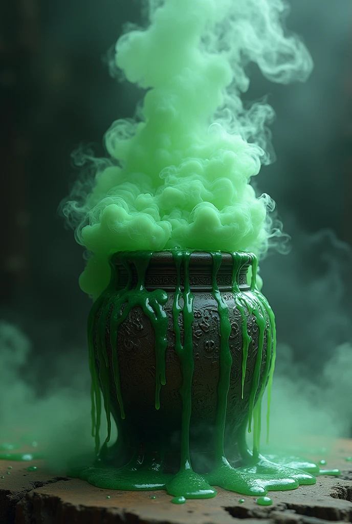 Witch's jar without lid dripping and draining green liquid that produces a lot of smoke even on the floor