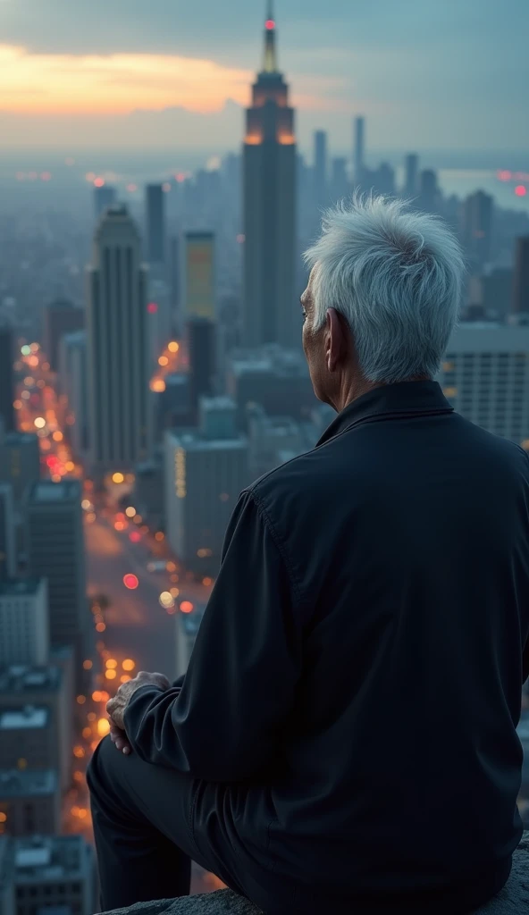 RAW photos,blue-sky,cumulonimbus clouds,Head of residential building,Short hair, gray hair grandfather,Little grandson,The two sat on the ground,Look at the clouds