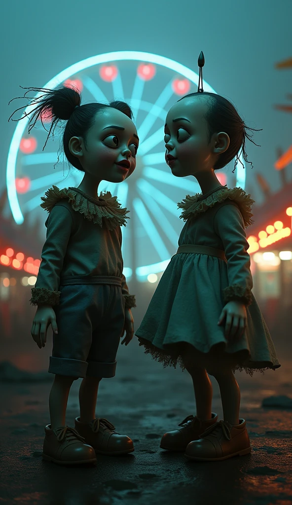 Best quality, masterpiece, circus and ferris wheel background, two shabby balloon dolls standing expressionless, detailed image texture, grotesque, horror, creepy atmosphere (not AI image), foggy, dark night, colorful lights, close-up