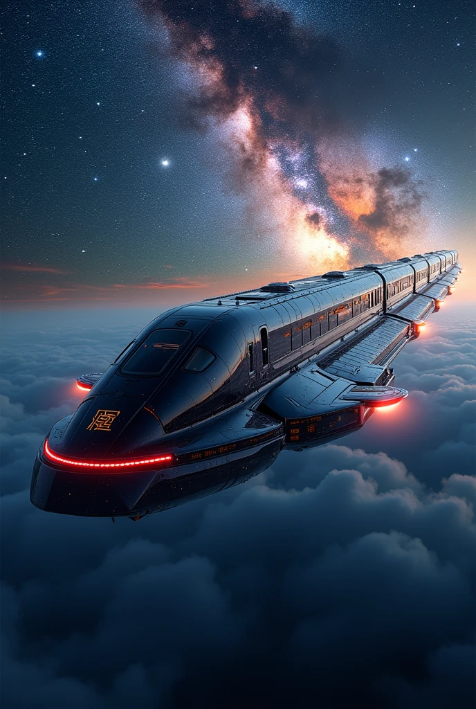 Train-shaped spaceship,10-car train,(Beautiful aircraft:2.0),(The background is outer space and the Milky Way:1.6),masterpiece,Highest quality,Ultra-high resolution,(Super detailed),8k,Realistic,Best aesthetics,beautiful,(dynamic)