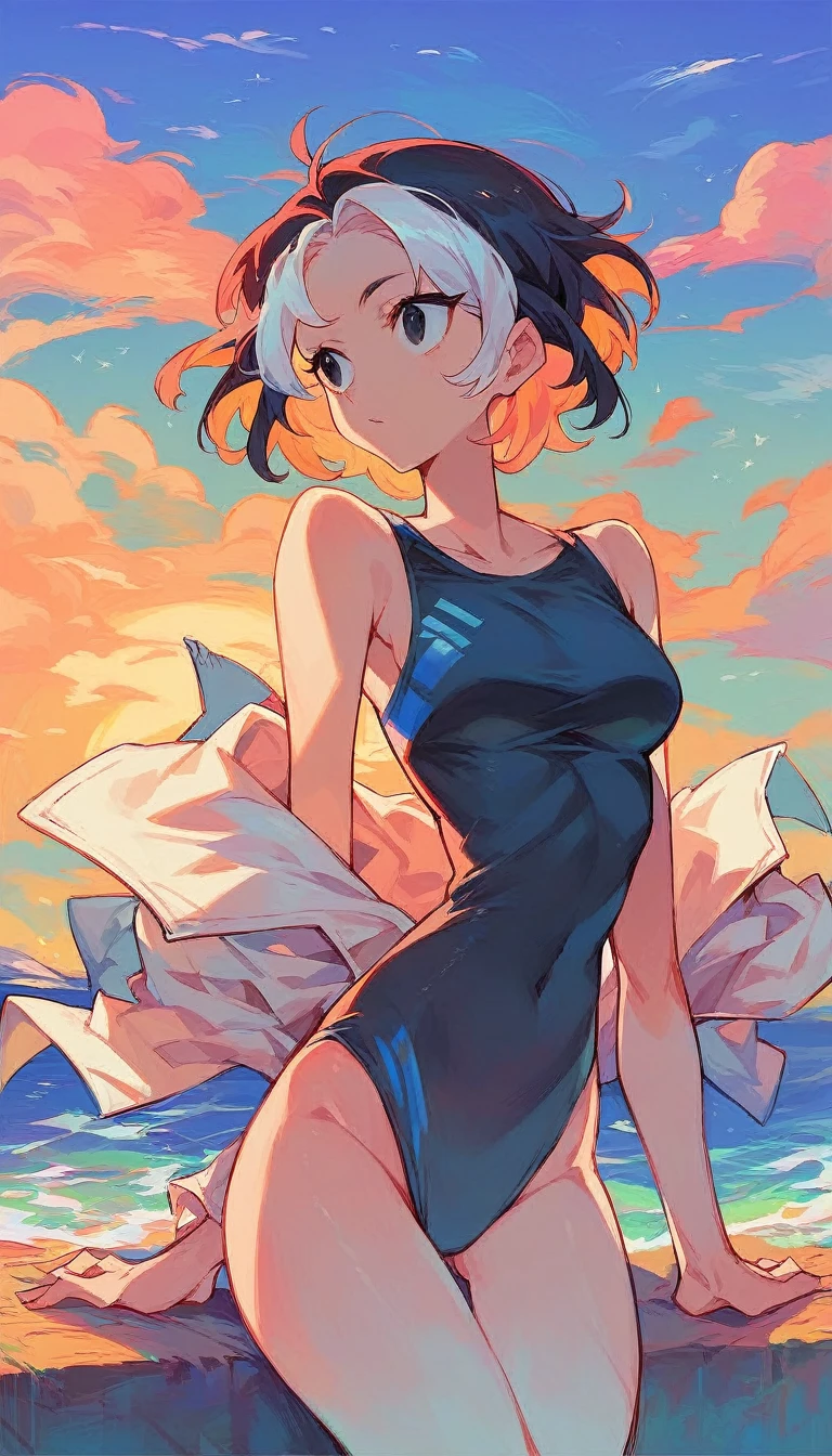 masterpiece, best quality, Extremely detailed, illustration,, Hanekawa short-haired cat, 1 Girl, whole body, , black eyes, Colorful hair, Black Hair, White hair,, swimsuit,, Detailed background, Marketing style, beach, Sunset,