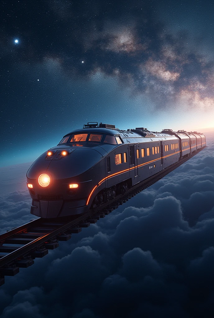 Train-shaped spaceship,10-car train,(Beautiful aircraft:2.0),(The background is outer space and the Milky Way:1.6),masterpiece,Highest quality,Ultra-high resolution,(Super detailed),8k,Realistic,Best aesthetics,beautiful,(dynamic)