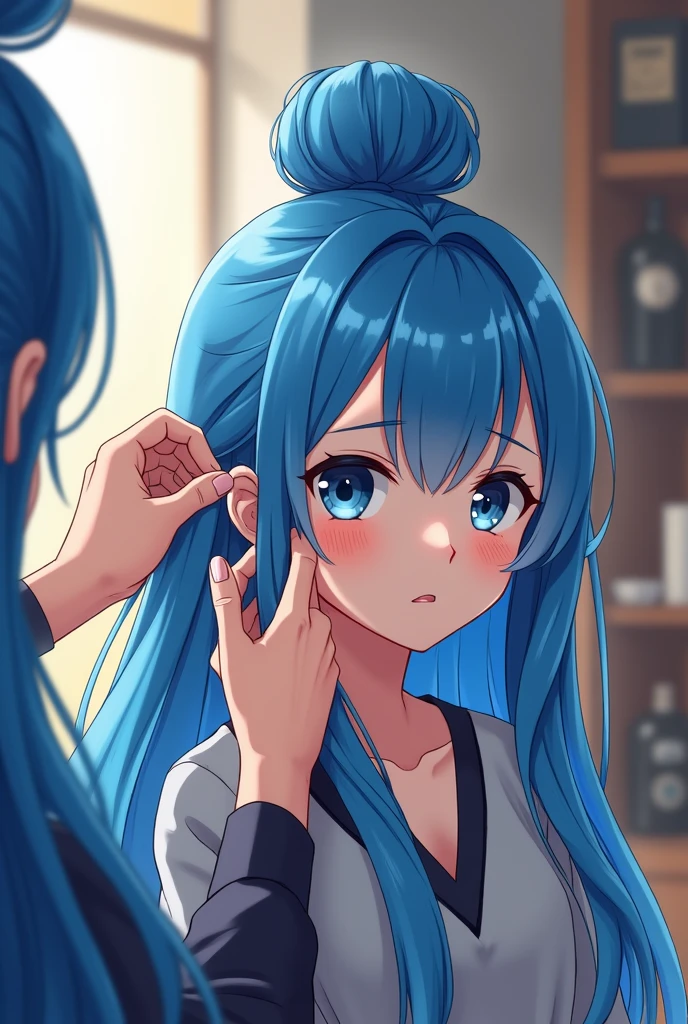 Hinata hyuga come at barber shop with bun hair ,1 st girl, Hinata hyuga , bakugan eyes , barber shop interior, beautiful detailed hair in bun, Hinata Hyuga looking at mirror, barber opening Hinata Hyuga's bun hair, arber comdin hinatas long blue hair and barber take a scissor in her hand, hinata hyuga in sad face