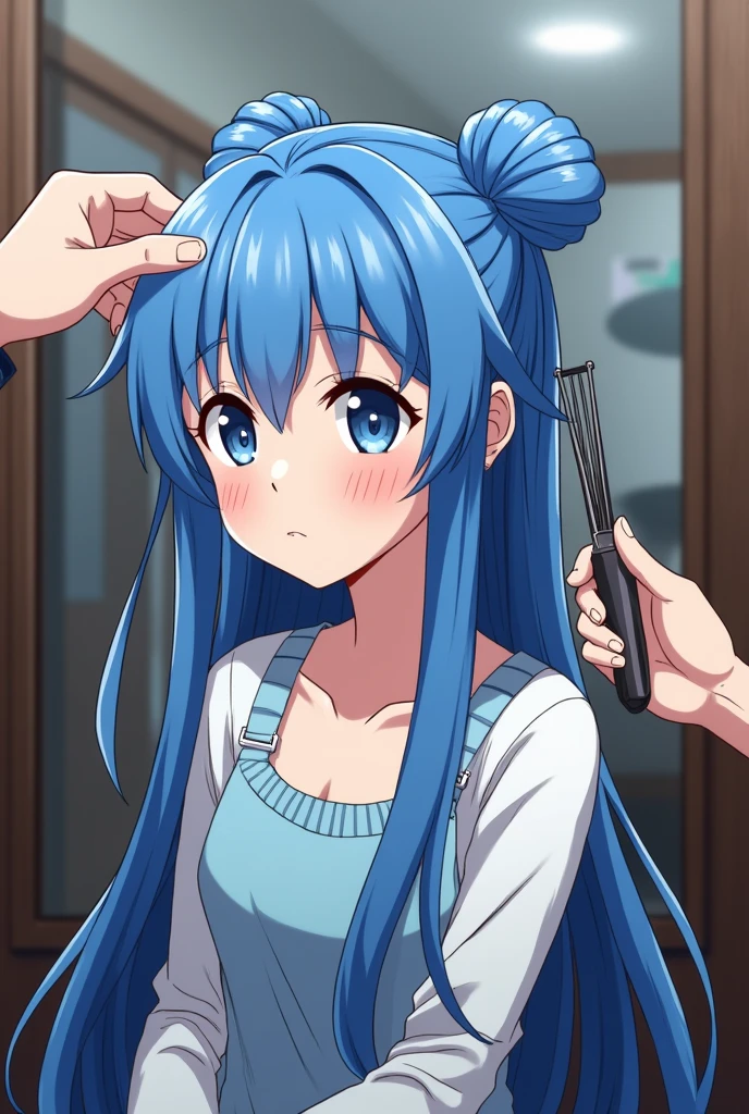 Hinata hyuga come at barber shop with bun hair ,1 st girl, Hinata hyuga , bakugan eyes , barber shop interior, beautiful detailed hair in bun, Hinata Hyuga looking at mirror, barber opening Hinata Hyuga's bun hair, arber comdin hinatas long blue hair and barber take a scissor in her hand, hinata hyuga in sad face
