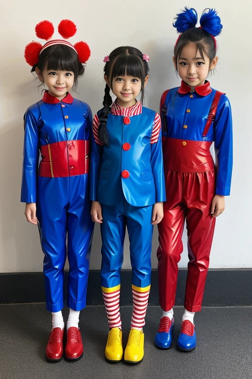 Three girls kindergarten clown Rubber suit hair color: blue(1.1) Circus hut Japanese Red and blue suit 二又にわかれたclownの帽子