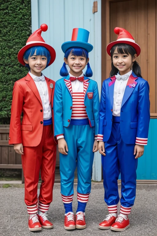 Three girls kindergarten　clown　Rubber suit　hair color: blue(1.1)　Circus hut　Japanese　Red and blue suit　二又にわかれたclownの帽子