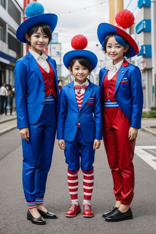 Three girls kindergarten clown Rubber suit hair color: blue(1.1) Circus hut Japanese Red and blue suit 二又にわかれたclownの帽子