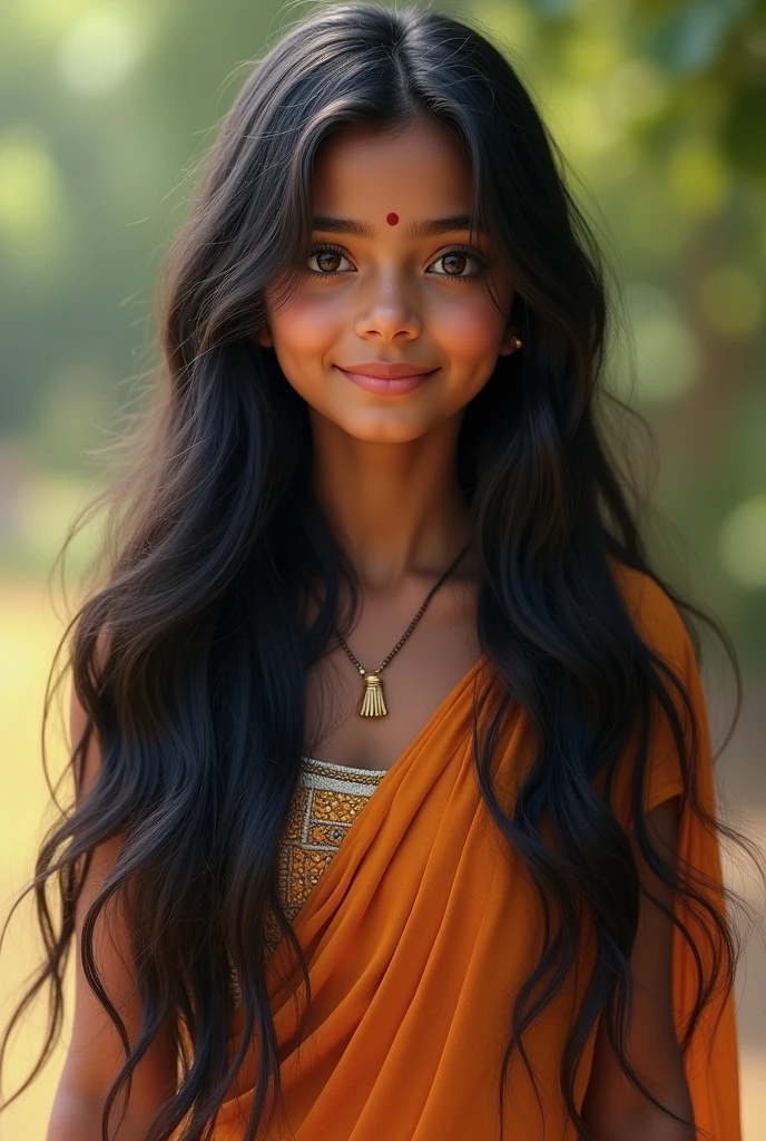 Generate a highly detailed Real image of an Indian girl with long black hair. Image should be look like an actual real girl She has big expressive brown eyes, a warm smile, and a round face. The girl should have a consistent appearance across different images, maintaining the same facial features and hairstyle. The background and pose can vary, such as her standing outdoors, sitting indoors, or interacting with everyday objects. She should be dressed in modern, casual Indian attire like kurtis, sarees, or salwar kameez. The expressions can range from a simple smile to thoughtful or playful looks, but her facial structure, skin tone, and hair should remain consistent.
