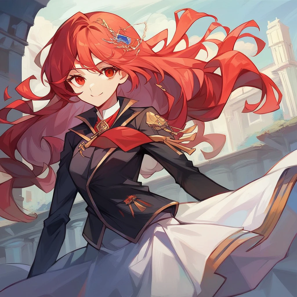 ((masterpiece,best quality)),8k wallpaper,1 Girl, Long hair, Red hair, Solitary, skirt, Red Eyes, Looking at the audience, Long sleeve, permanent, architecture, white skirt, Gloves, Hair accessories, Black jacket, Smile, Flowing hair, Hook of Holland, Shut up, Look away, outdoor