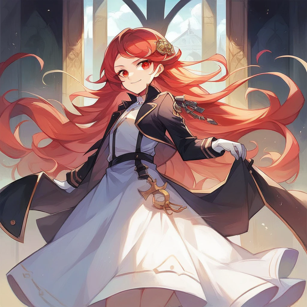((masterpiece,best quality)),8k wallpaper,1 Girl, Long hair, Red hair, Solitary, skirt, Red Eyes, Looking at the audience, Long sleeve, permanent, architecture, white skirt, Gloves, Hair accessories, Black jacket, Smile, Flowing hair, Hook of Holland, Shut up, Look away, outdoor