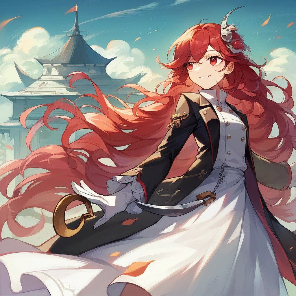 ((masterpiece,best quality)),8k wallpaper,1 Girl, Long hair, Red hair, Solitary, skirt, Red Eyes, Looking at the audience, Long sleeve, permanent, architecture, white skirt, Gloves, Hair accessories, Black jacket, Smile, Flowing hair, Hook of Holland, Shut up, Look away, outdoor