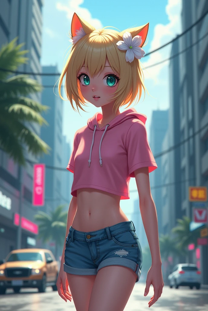 delicate、Fantasy、horror film、Blonde、Blonde Hair、Very Short Hair、Cat ears of the same color as the hair、Plain pink short sleeve hoodie、Short denim shorts、Belly button、sneakers、Turquoise Eyes、Flat Chest、Big white flower hair ornament、Design the cover for a dark fantasy psychological drama light novel set in Rio de Janeiro in 2050,