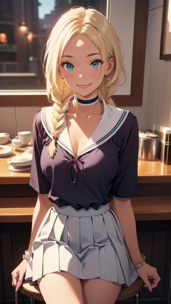 (modern cafe:1.4),
BREAK
nsfw:1.6, body has two arms, two legs and one head, (Each hand and toe has five a thumb, index finger, middle finger, ring finger, and pinky finger.),Top quality:1.2, best quality:1.6, ultra high resolution, masterpiece:1.5 ,4K, 8K, 32K, detailed lighting, shaders, perfect anatomy, perfect proportions, highly detailed, ultra detailed, super detailed:1.2, perfect eyes, perfect face, very delicate and beautiful, illustration, sharp focus, very beautiful and detailed anime face, very detailed eyes, cute:1.4, impressionistic:1.2, blurred background, accurate depiction of arms and hands:1.4, accurate depiction of foot:1.4, Accurate human skeleton drawing:1.4, Anatomically correct human body:1.4,sexually attractive body:1.5,
BREAK
(Beautiful American woman about 20s:1.3),(blue-green eyes),(dark skin:1.3), (tan lines:0.5),(Perfect proportions: 1.6),(full and beautiful breasts), (well developed breasts:), (Thin waist: 1.2), (Slender figure: 1.2), (beautiful buttocks),(natural breast:0.7),
BREAK
(Beautiful blonde hair: 1.6),(single braid :1.6),(Bangs swept to the side, showing forehead: 1.5),
BREAK
(Calm smile:1.5),(happy eyebrows:0.4),(embarrassed:0.5), (pink lipstick),
BREAK
(White choker:1.6) ,(necklace, bracelet, anklet: 1.3),( very realistic depiction of skin texture:0.8),
BREAK
( Sitting stool:1.3), (bust up shot),(having coffee),(from side:0.3),
BREAK
(Gray short-sleeved sailor suit1.7),(gray pleated middle length skirt:1.5), (loafers:1.1),