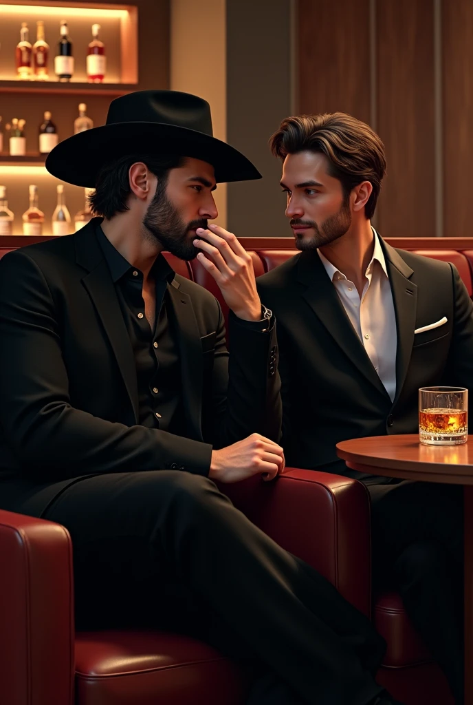 A handsome cowboy man sitting in a bar in black clothes and a cigarette in his hand, millionaire having a drink with a handsome gay man